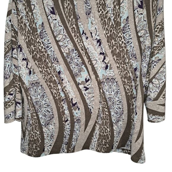 Chico's Easy Wear Brown Beige Turquoise Purple Sleeve Shirt Top Large Leopard - Picture 1 of 4